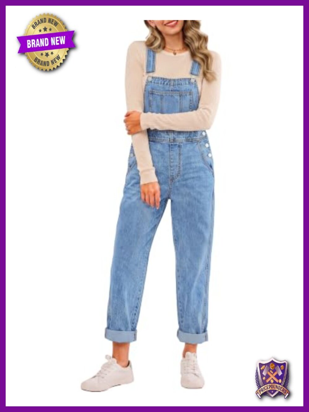 Stretch Denim Bib Overalls Adjustable Straps Cuffed Hem Casual